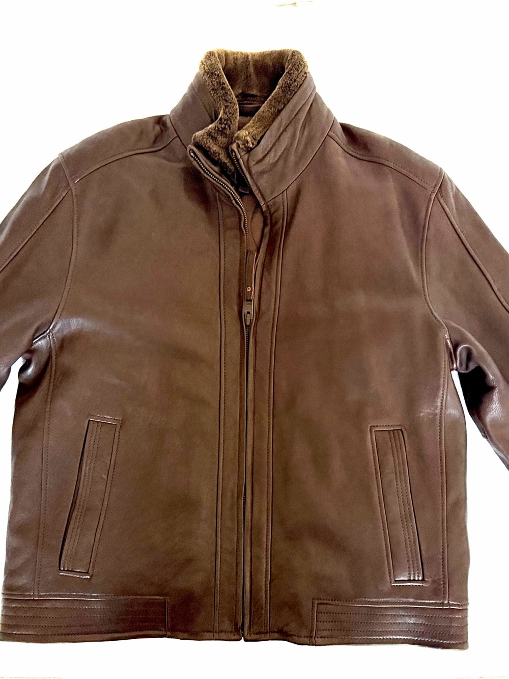 Men's Brown Leather Bomber Jacket with Faux Fur Collar